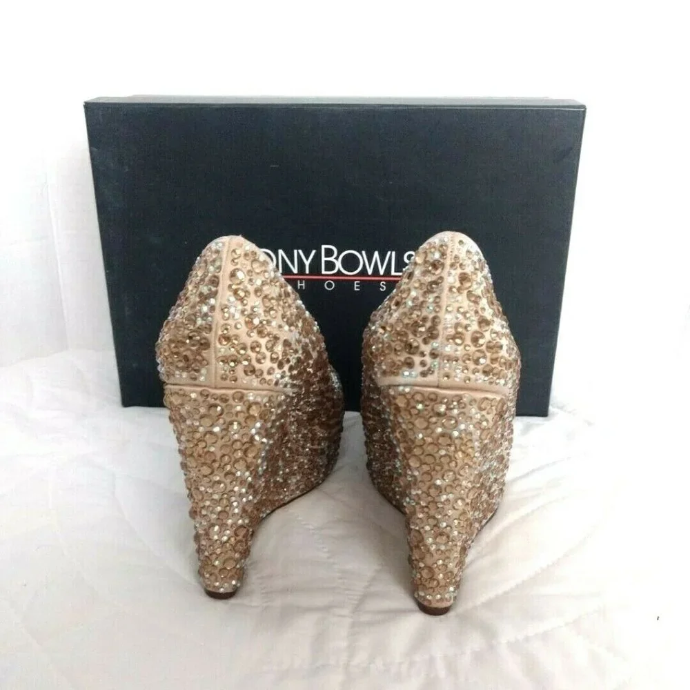 Tony Bowls Prom Formal Pageant Bridal Wedding Shoes Heels Size 7 Gold Bling - Picture 2 of 10